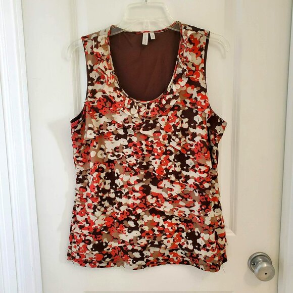 Madison Sleeveless Print Blouse, size L, Brown & Pink, Multi-Tiered Front, Lined - Picture 1 of 4